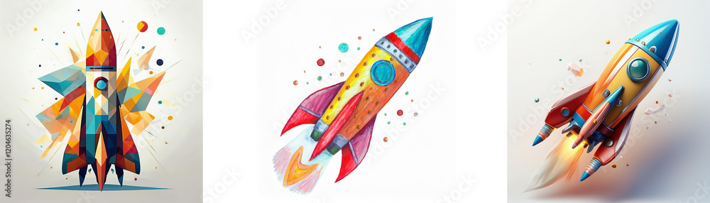 Poster three colorful rockets, each with unique designs, soaring through space. one is geometric, another c