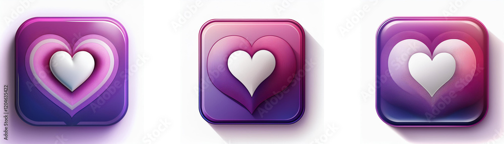 Poster Three square buttons display a layered heart design.  Gradient colors shift from purple to pink.  A white heart is centrally positioned.