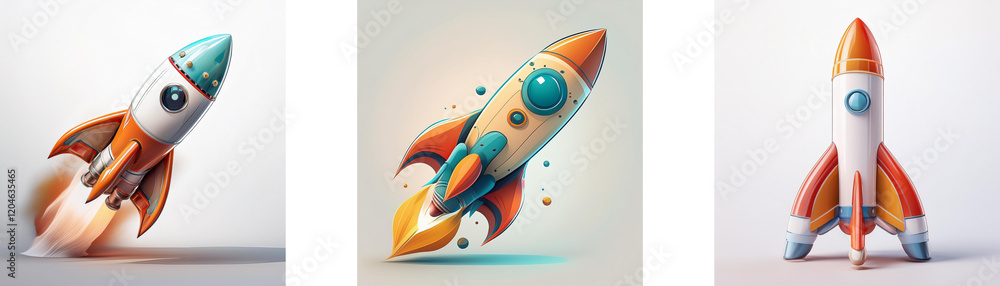 Poster three stylized rockets, varying in design and flight stage, illustrate concepts of launch, journey, 
