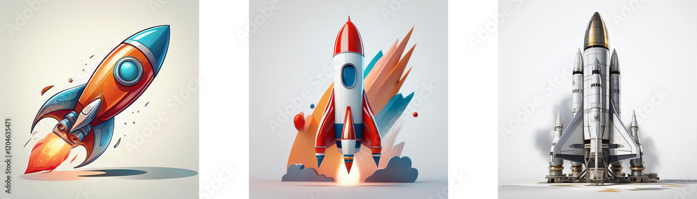 Poster three unique rocket illustrations: a cartoonish red and blue rocket, a stylized red and white rocket