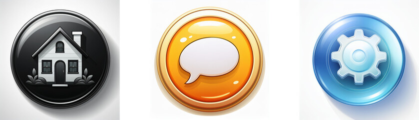 Fototapeta premium Three glossy circular icons: a house, a speech bubble, and a gear. Representing home, communication, and settings.