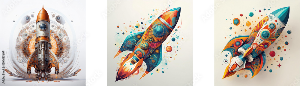 Poster three vibrant rockets ascend, each uniquely designed with intricate details and surrounded by celest