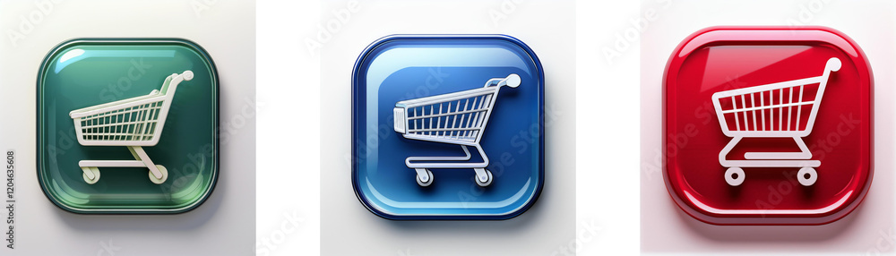 Aufkleber Three glossy square buttons feature a shopping cart icon in teal, blue, and red.  Each button displays a simplified, white shopping cart.