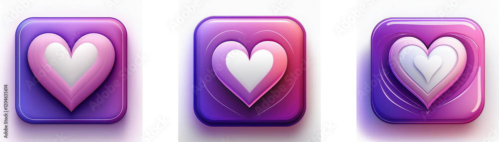 Poster Three glossy square buttons feature a heart design.  Each button shows a variation of a white heart on a purple gradient background. The hearts are slightly different.