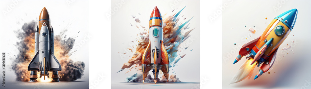 Poster three rockets in different styles, launching with dynamic effects and vibrant colors, representing s