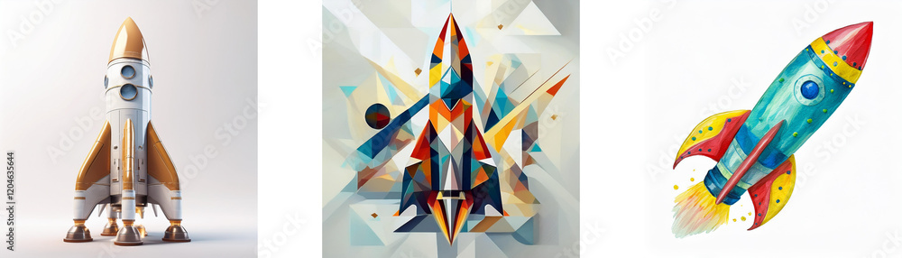 Poster three rocket illustrations in diverse styles: realistic, abstract geometric, and cartoonish. they sh