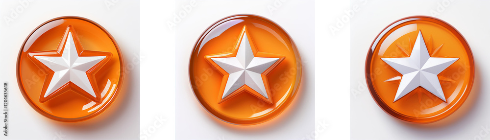 Poster three glossy orange circles, each featuring a central white five-pointed star. the stars are subtly 