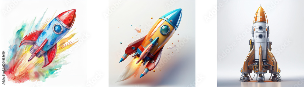 Poster three vibrant rockets, each with unique design and color scheme, soar against contrasting background
