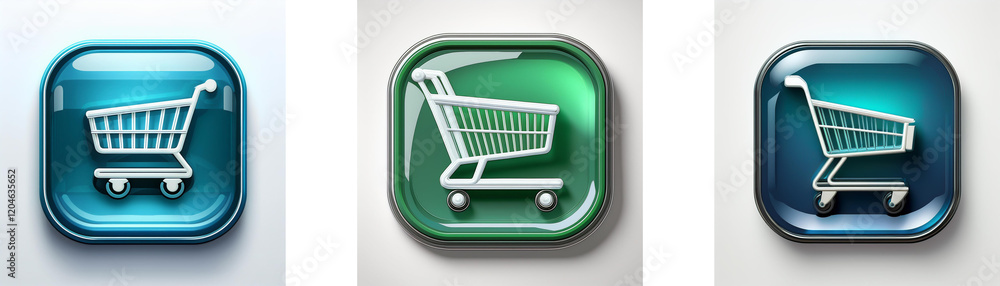 Leinwandbilder three glossy square buttons display a shopping cart icon in varying colors: teal, green, and dark te