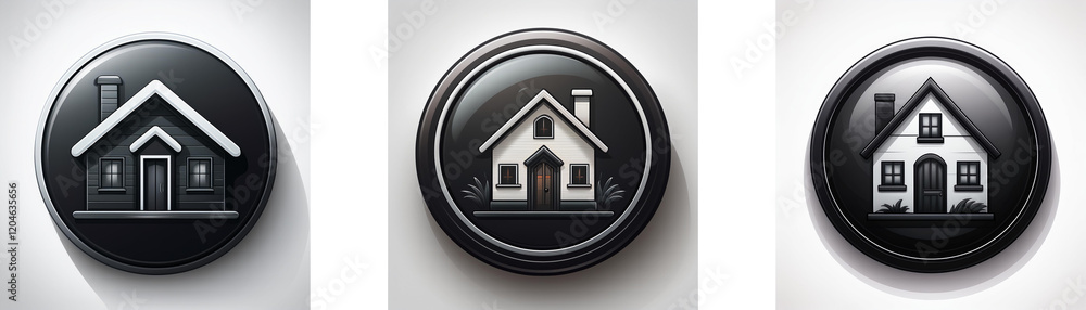 Aufkleber three glossy black circular icons each feature a grayscale house symbol; simple home designs with va