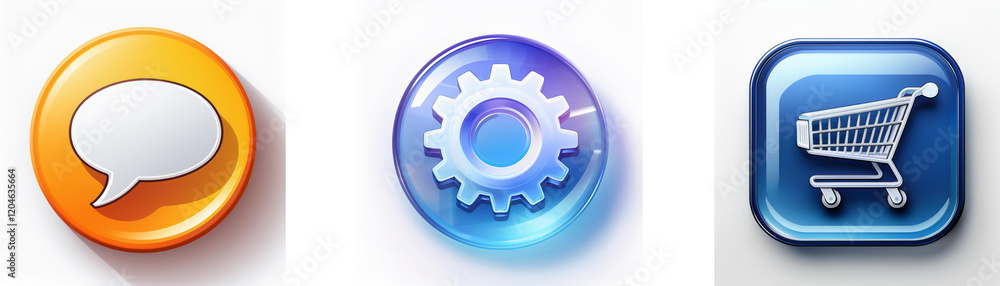 Aufkleber three glossy buttons display communication, settings, and shopping cart icons. they represent online