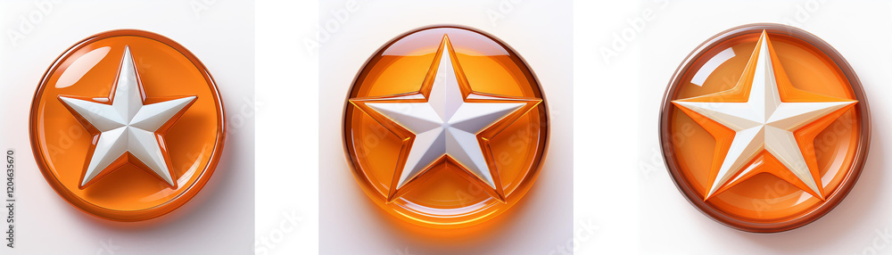 Aufkleber three round, orange resin objects, each featuring a central, five-pointed white star. the stars are 