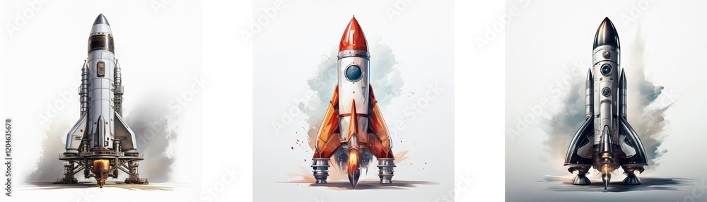 Poster Three rockets poised for launch, each with a unique design and color scheme, against a subtly textured white background.  The rockets evoke a sense of adventure and exploration.