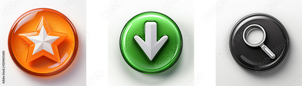 Poster three glossy circular buttons display a star, downward arrow, and magnifying glass, representing fav