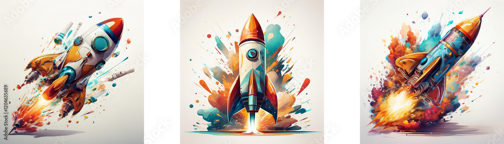 Poster three vibrant rockets launch amidst colorful paint splashes, symbolizing dynamic movement and creati