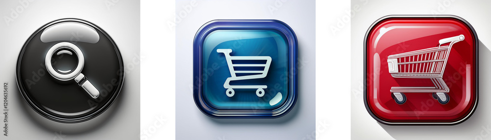 Leinwandbilder Glossy buttons display search and shopping cart icons.  Simple, efficient design for digital interfaces.