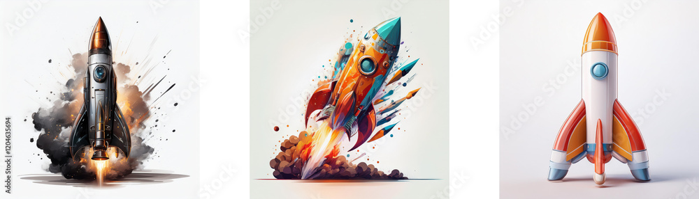 Poster Three vibrant rocket illustrations showcasing launch, flight, and explosion; dynamic artwork representing progress and innovation.