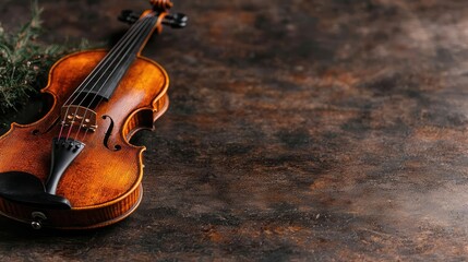 Fototapeta premium Violin rests on dark wood, pine branch nearby; holiday music concept