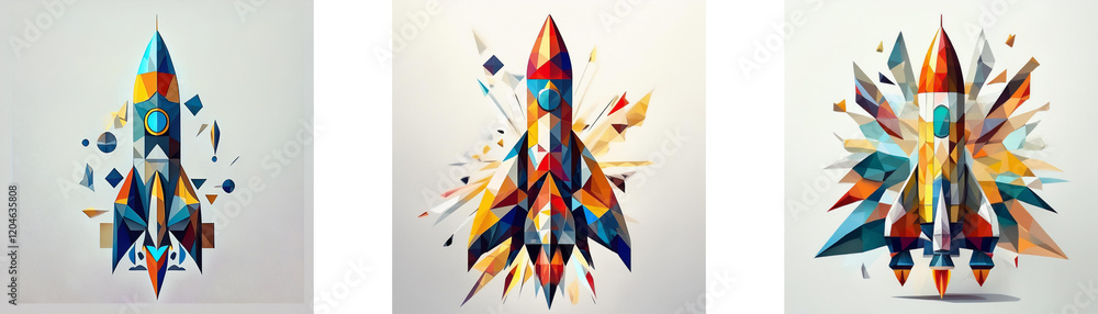 Poster abstract geometric rockets bursting with vibrant colors, symbolizing innovation and launch.