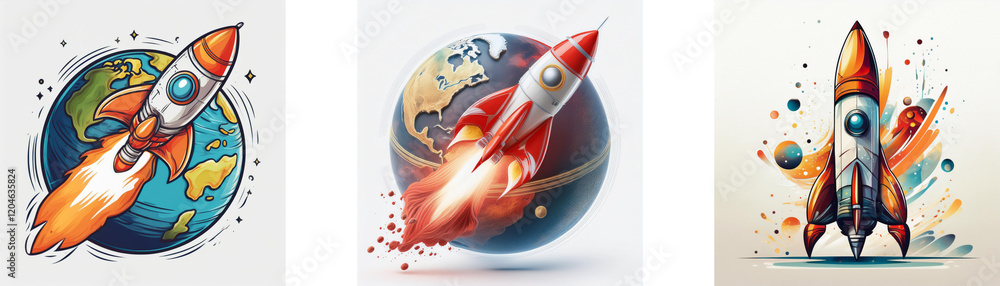 Poster three vibrant illustrations depict rockets launching from earth, showcasing dynamic flight and cosmi
