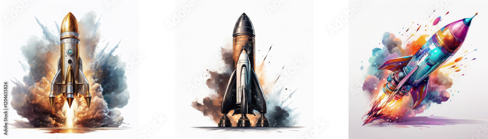 Poster three rockets launching, depicted in vibrant watercolor style, showcasing dynamic movement and fiery