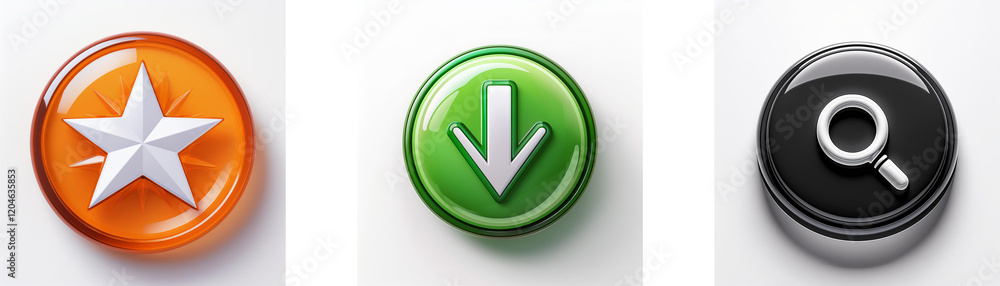 Poster Three glossy circular buttons feature a star, a download arrow, and a magnifying glass.  Each symbol is prominently displayed on a contrasting background.