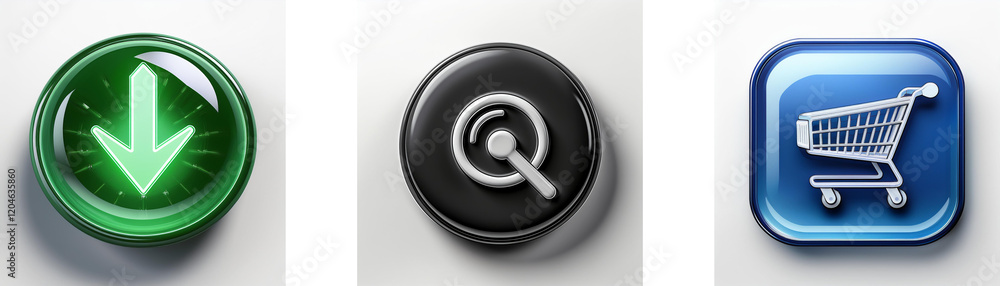 Poster Three glossy buttons showcase download, search, and shopping cart icons.  Simple, intuitive design for digital interfaces.