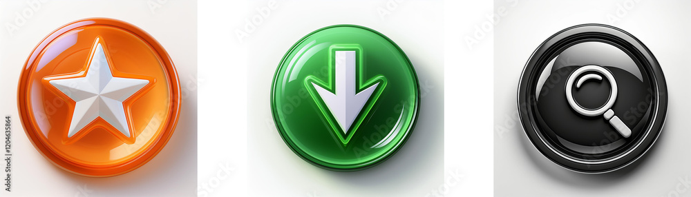 Poster Three glossy circular buttons showcase different symbols: a star, a downward arrow, and a magnifying glass.  Each button features a contrasting color scheme for visual impact.