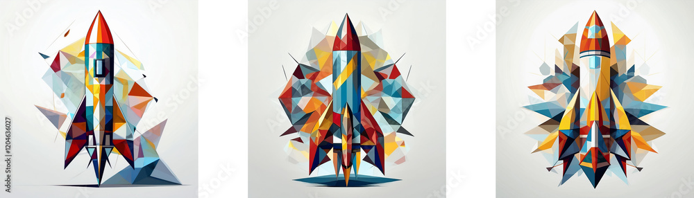 Poster Abstract geometric rocket designs.  Vibrant colors and sharp angles create dynamic, modern art.  Ideal for launch, innovation, or technology themes.