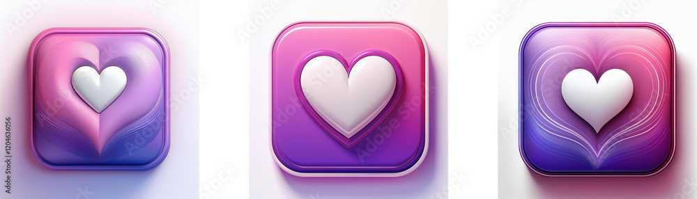 Poster Three square buttons feature a white heart against a pink and purple gradient background.  The heart's design varies slightly across the buttons.