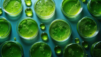 Algae samples in petri dishes. Scientific study for biofuel research. Top view of lab setup. Green algae specimens. Modern biotechnology research. Sustainable energy development. Algae culture for