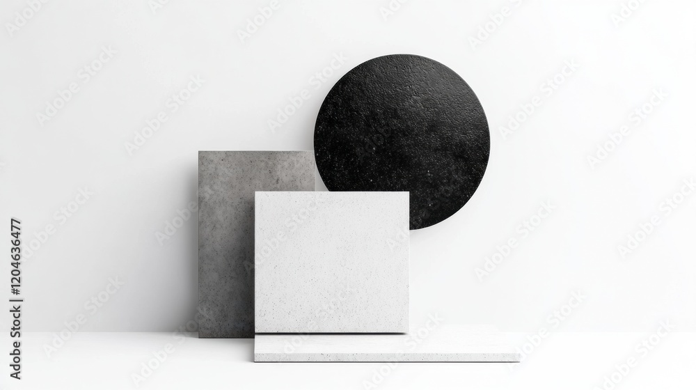 Poster minimalist display of geometric shapes and textures in neutral tones featuring black and white eleme