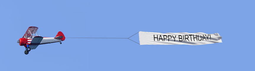 Happy Birthday banner on aeroplane Aviation displays Air show Birthday sign birthday greetings blue sky background for text copy