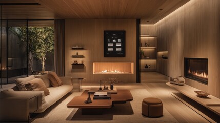 Fototapeta premium Modern Minimalist Living Room with Fireplace and Smart Home Features