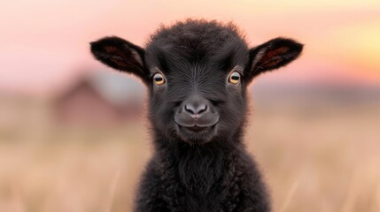 Fototapeta premium Cute black lamb at sunset, farm background, springtime