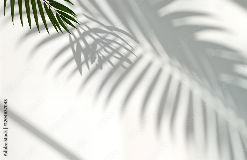 Aufkleber Abstract shadow of palm leaves on white background. Sunlight creates intricate patterns. Blank space for text design. Ideal for summer tropical concepts. Vacation journey related visuals. Suitable