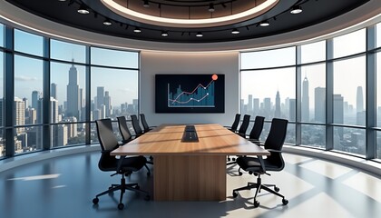 Modern office conference room with city view. Empty meeting room with large windows cityscape. Wooden table, black chairs. Digital display shows business graph. Pro, virtual office setting. Suitable