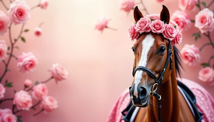 Fototapeta premium Elegant horse with floral headpiece. Pink roses surround horse. Pretty blossom floral arrangement. Peaceful day. Possible event like celebration festival. Fashionable, festive atmosphere. Horse