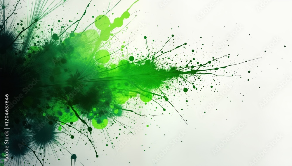 Poster abstract neon green splatter digital art on black background. vibrant explosion of color creates dyn