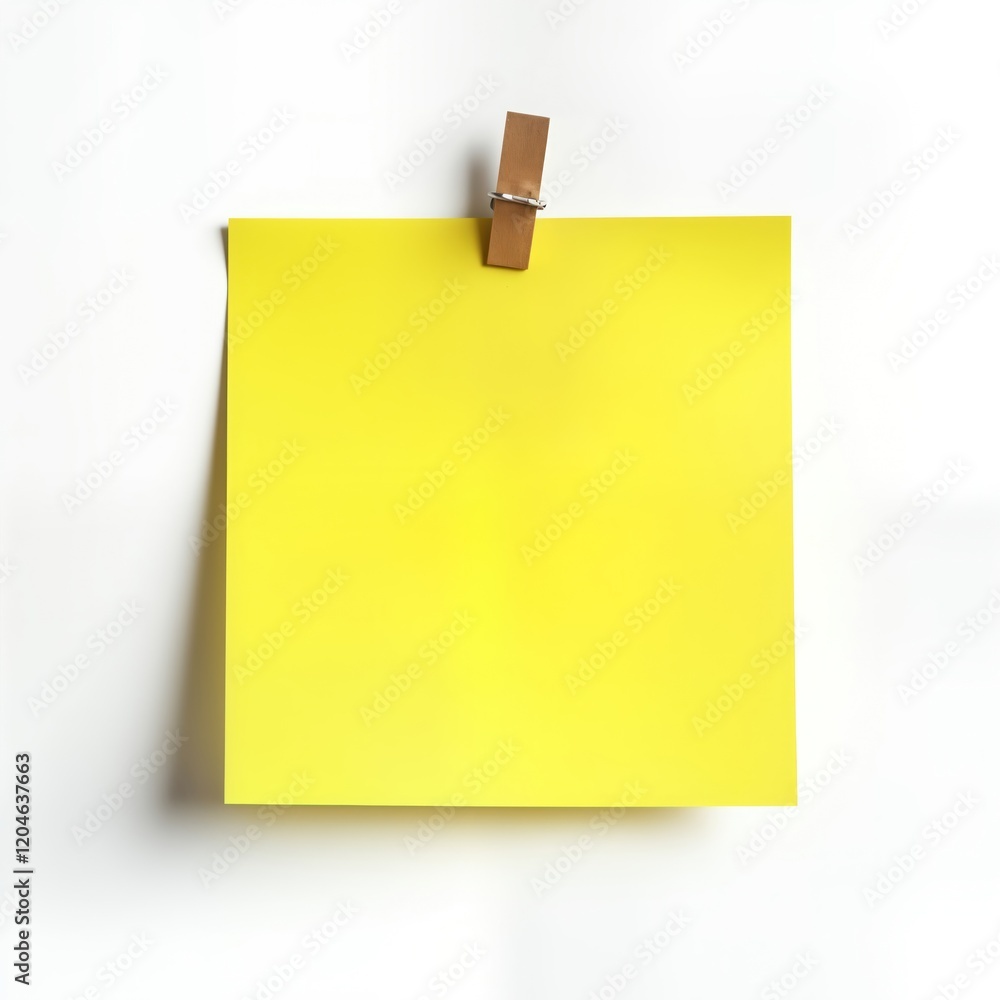 Poster bright yellow sticky note attached to white background with wooden clothespin. blank note for remind