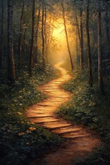 Fototapeta premium Golden Morning Pathway in Serene Forest