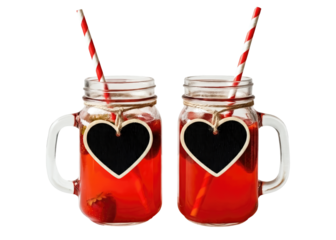 two mason jars with strawberry lemonade and heart shaped tags