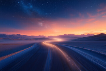 Spiraling Desert Highway with Trailing Starlight Creating a Magical Road Trip Journey