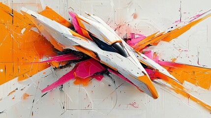 Abstract spaceship artwork with vibrant orange and pink splashes.