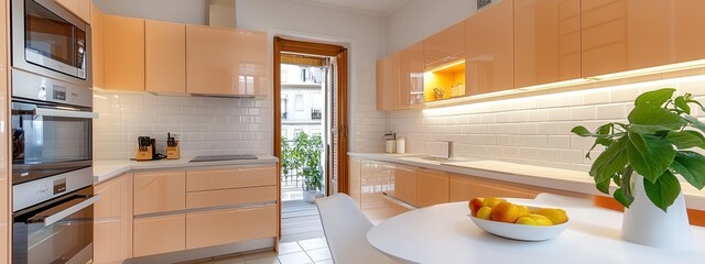 A clean and compact kitchen with pastel peach cabinetry, a white tiled backsplash, and built in appliances, with soft lighting enhancing the pastel tones