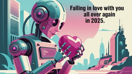 A futuristic robot holding a heart symbolizes love in a high-tech world of 2025.