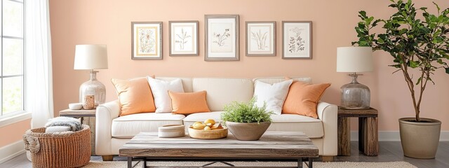 A country living room with pastel peach walls, a light beige sofa, a reclaimed wood coffee table, and a gallery wall of vintage prints for rustic charm