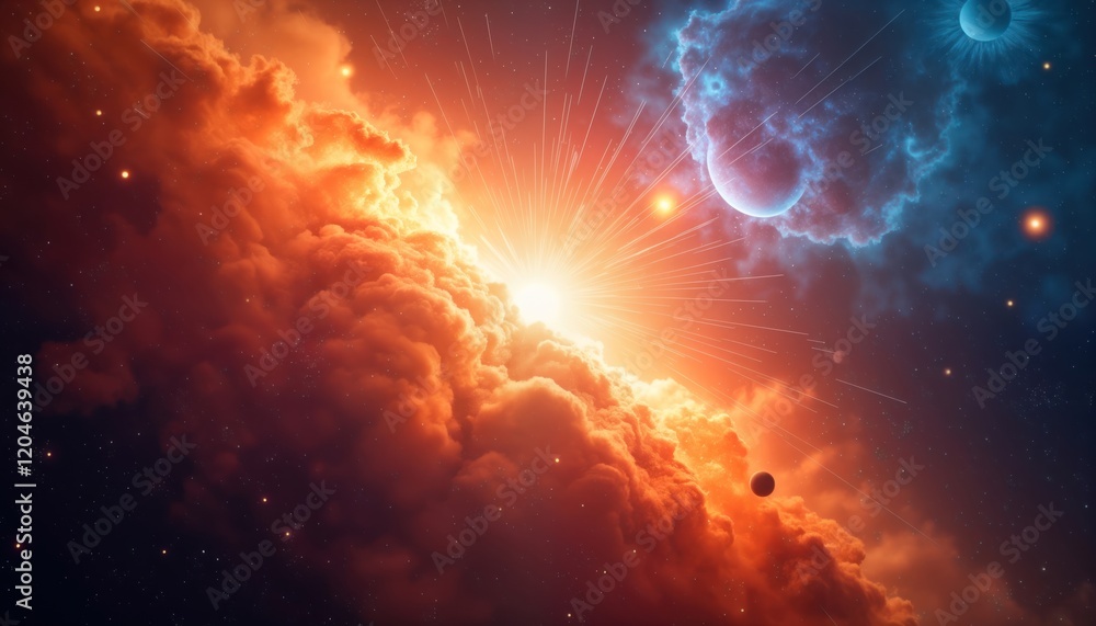 Aufkleber Cosmic explosion panorama. Vivid burst light, color space. Powerful energy emanates from clouds. Abstract art style. Nebula swirls. Planets appear. Starburst. Space exploration concept. Deep space.