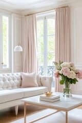 A French living room with pastel pink walls, a tufted white sofa, a white marble coffee table, and blush pink curtains for a soft, elegant atmosphere
