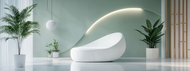 A futuristic small apartment with seamless white furniture, integrated LED lighting, and a pastel green accent wall for a sleek and modern design